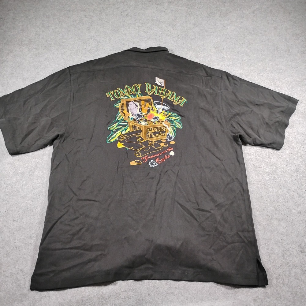 Tommy Bahama Paradise Plunder Treasure Embroidered Black Silk Camp Shirt XL